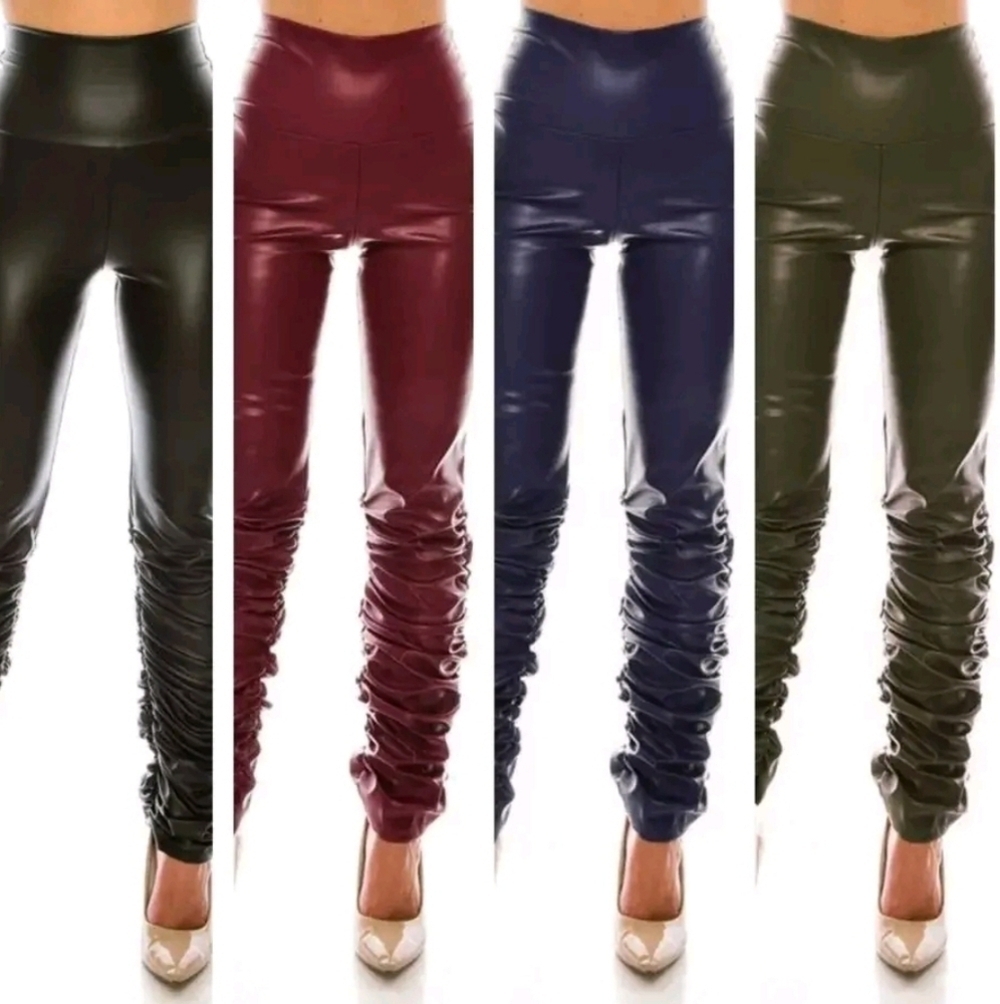 Faux Leather High Waist stretch Pants Legging with ruched‎ leg